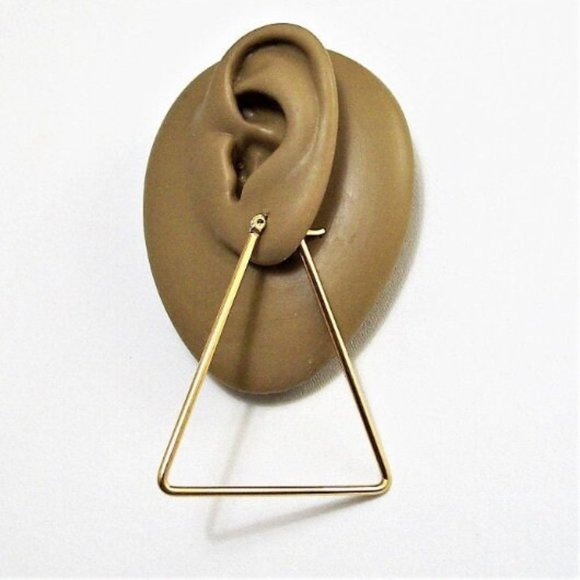 Triangle Thin Tube Hoop Pierced Post Stud Earrings Gold Tone 2 1/8" 55mm Open Lo - Picture 6 of 9